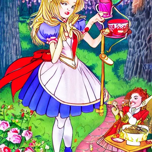Image similar to Alice and the Mad Hatter, from Alice in Wonderland, in the style of sailor moon illustrations, by Naoko Takeuchi, they are having a tea party in the enchanted woods, surrounded by white and red roses