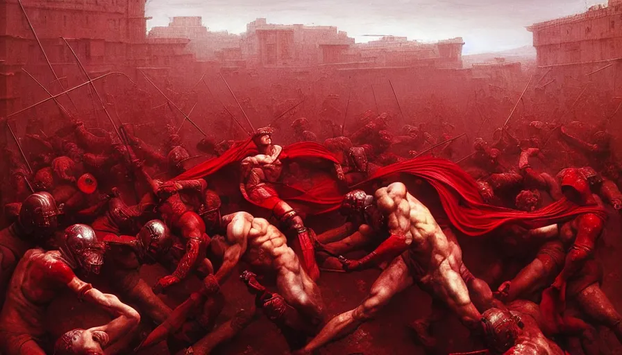 Image similar to only with red, bloody armored gladiator battle in a crowded roman amphitheatre, crowd cheering, in the style of beksinski and edward hopper and rodcenko and yue minjun and greg rutkowski, intricate and epic composition, red by caravaggio, highly detailed, masterpiece, red light, artstation, art nouveau