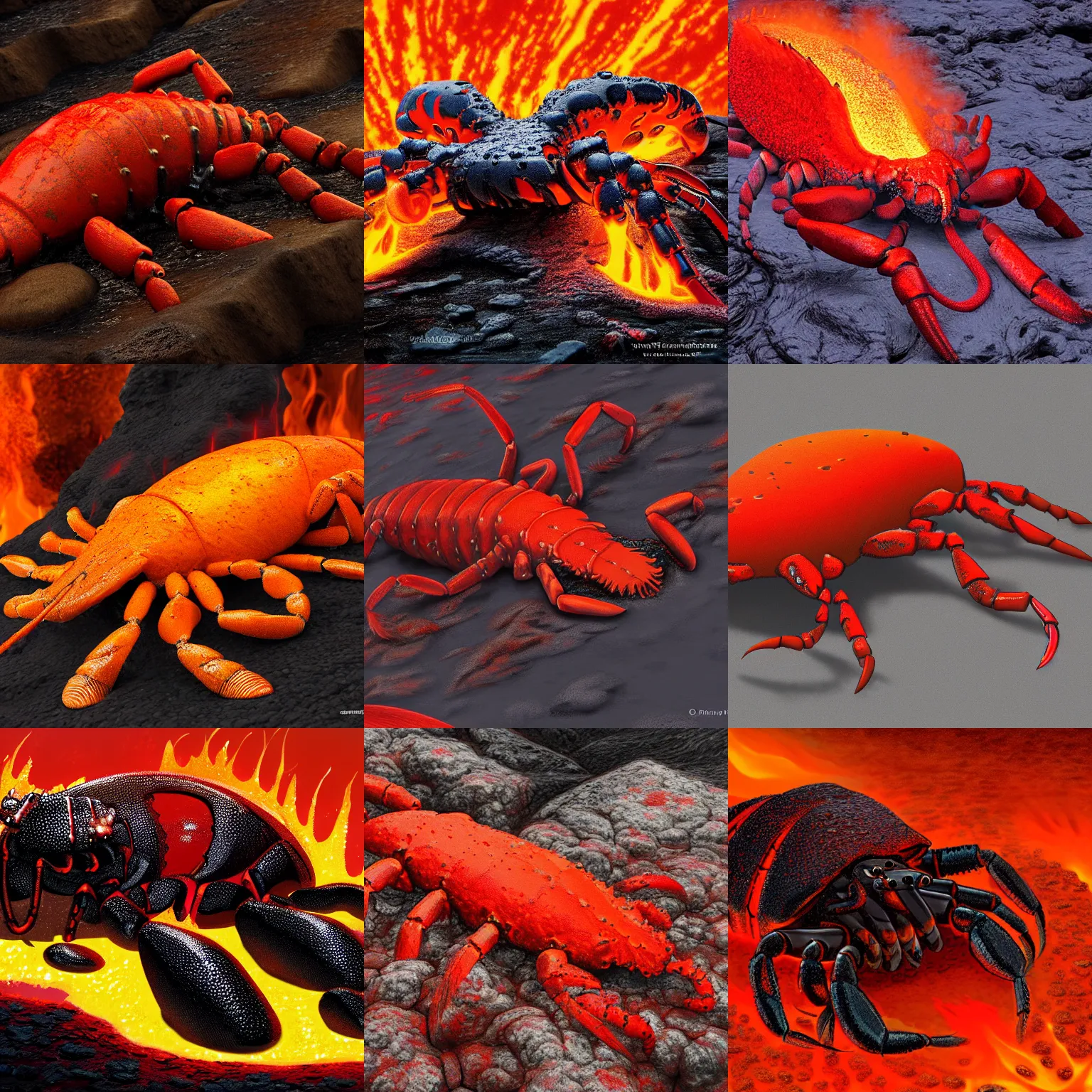 Prompt: a lava lobster covered in lava, oozing lava, found on a volcano, artstation, digital art