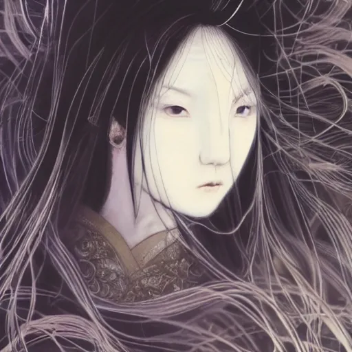 Image similar to yoshitaka amano blurred and dreamy realistic illustration of a japanese woman with black eyes, wavy white hair fluttering in the wind wearing cloak and elden ring armor with engraving, abstract patterns in the background, satoshi kon anime, noisy film grain effect, highly detailed, renaissance oil painting, weird portrait angle, blurred lost edges, three quarter view