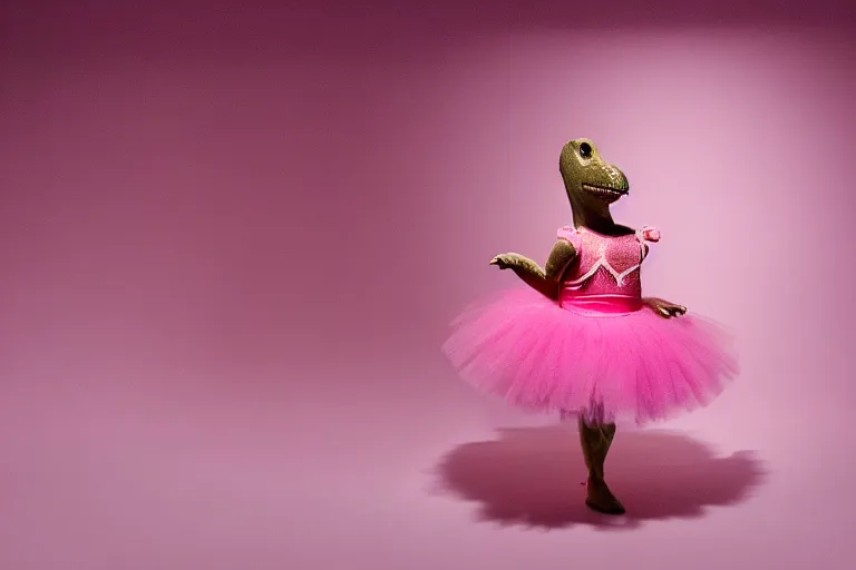 Image similar to dinosaur in a pink tutu, studio lighting, highly detailed, striking, inspiring