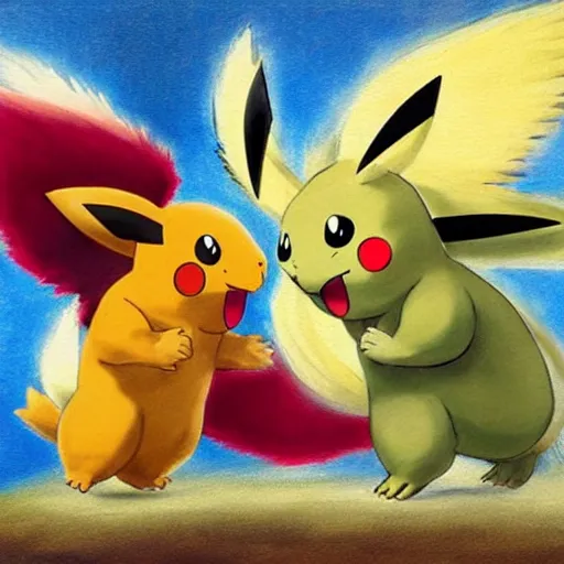 Image similar to two pokemon fighting, traditional art, 1800, painting