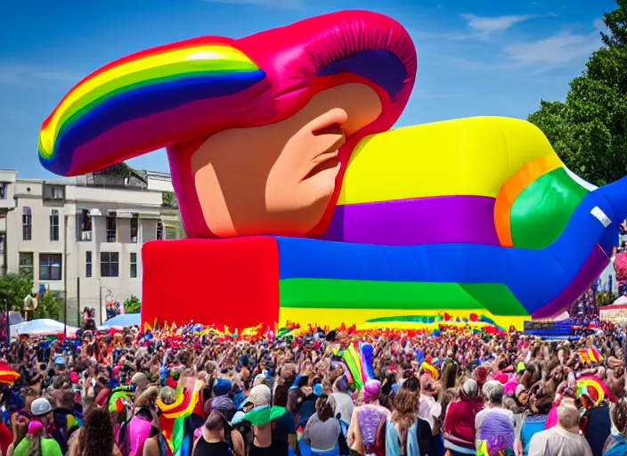 Image similar to pride parade float in the shape of donald trump ; photorealistic, canon 5 d, sharp, sunlight, reflection, inflatable, rainbow