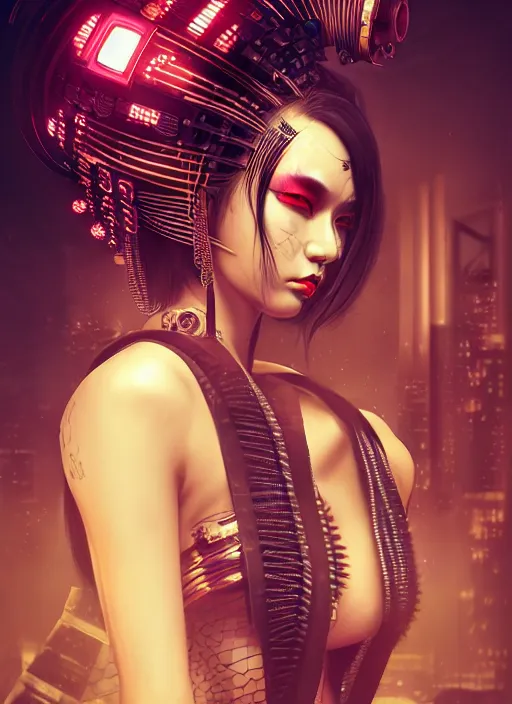 Image similar to portrait of a seductive cyberpunk geisha yakuza raver gutter punk cyborg bioweapon, golden ratio, details, sci - fi, dark fantasy, cyberpunk, intricate, decadent, ornate, highly detailed, digital painting, octane render, 8 k, artstation, concept art, smooth, sharp focus, illustration, art by artgerm, loish, wlop