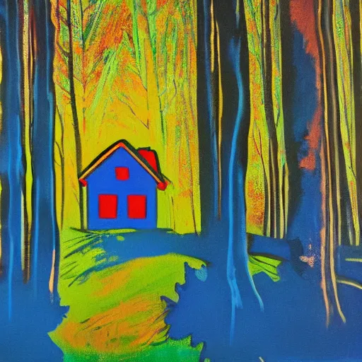 Image similar to a painting of a Eerie cabin in the middle of the woods in the style of Andy Warhol