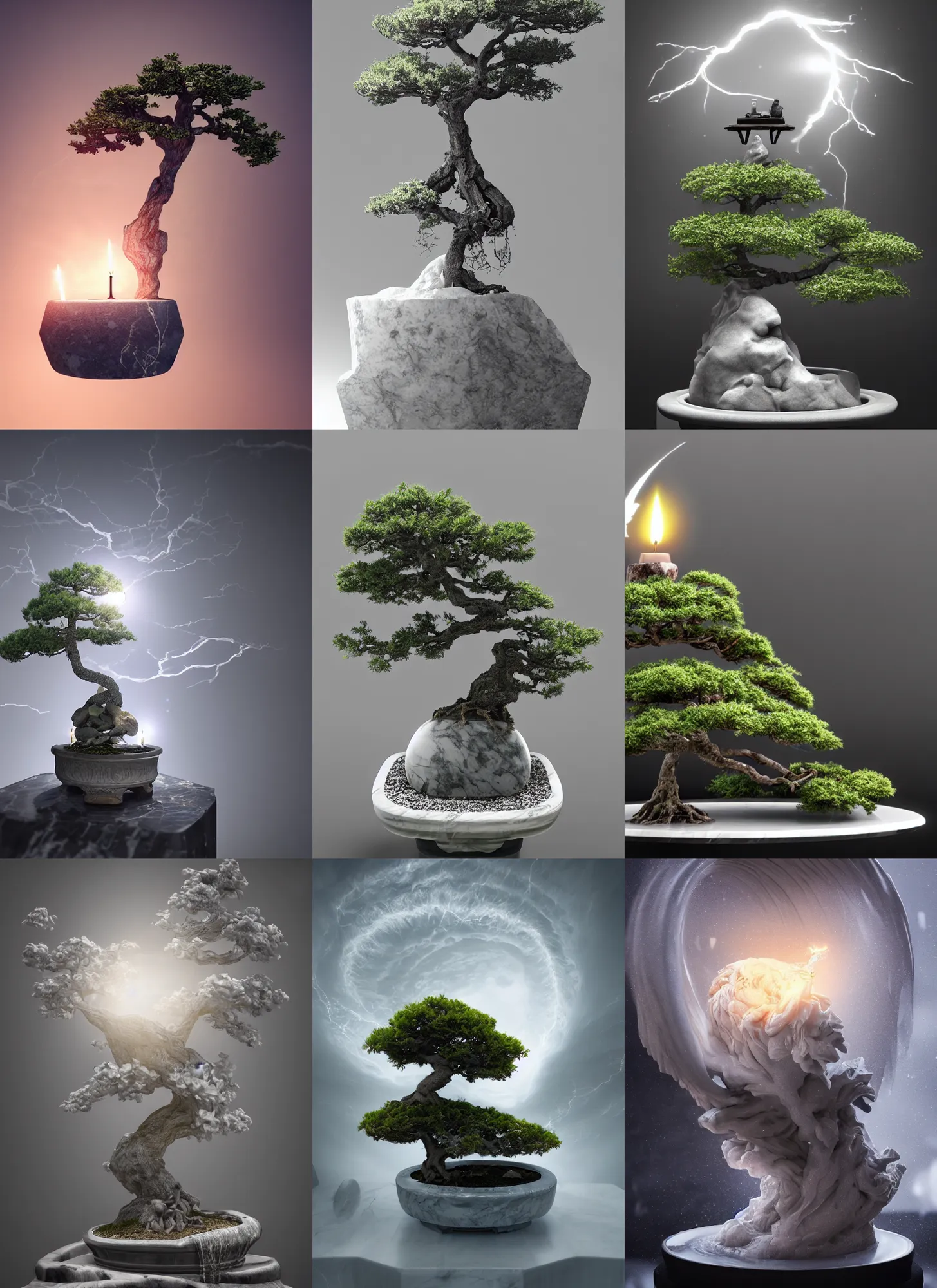 Prompt: angelic bonsai inside a marble, lightning, intricate detail, volumetric lighting, epic composition, hyper detailed, ultra realistic, sharp focus, octane render, candle, volumetric, ray tracing, artstation trending, cgsociety, sense of awe, swirling mist, 4 k