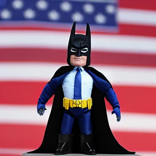 Image similar to action figure of Trump as Batman with cowl shaped like hair by Hasbro