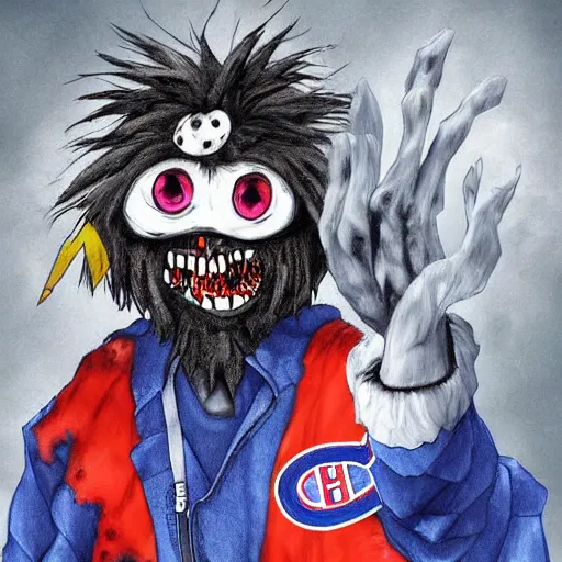 Image similar to scary anime Portrait of horrific Youppi the Habs Montreal Canadiens Mascot as a very dead powerful and violent pokemon, highly detailed anime, high evolution, 1990s, legendary, smooth, sharp focus, dynamic lighting, intricate, trending on ArtStation, stuff of nightmares, illustration pokemon, art by WLOP