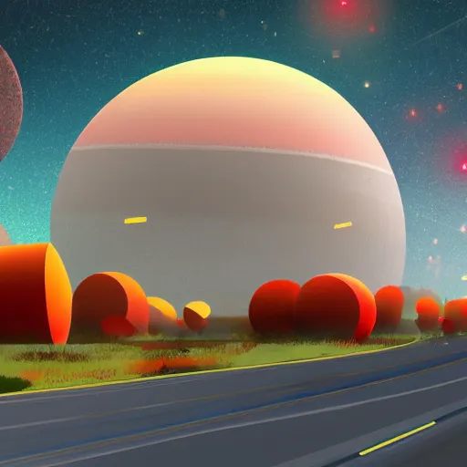 Prompt: large futuristic city surrounded by yellow grass and red trees, with a gas giant in the sky, concept art