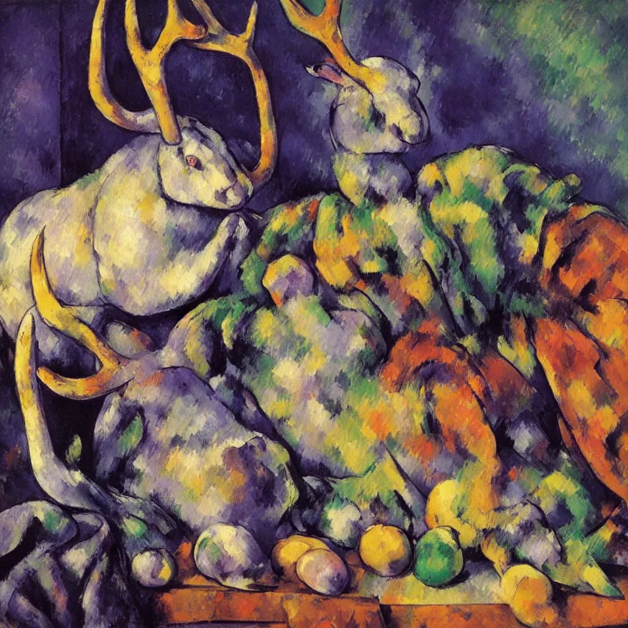 Prompt: rare hyper realistic portrait painting by cezanne, studio lighting, brightly lit purple room, a blue rubber ducky with antlers laughing at a giant crying rabbit with a clown mask