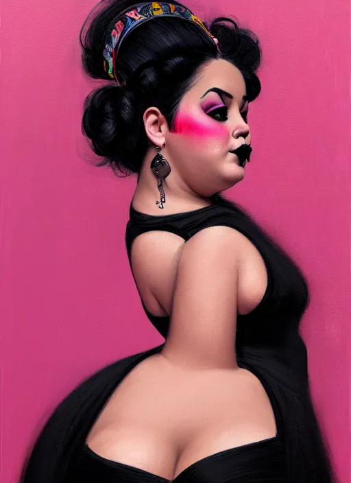Image similar to portrait of a plump latino woman with a crooked nose and a confident expression, 1 9 6 0 s, black clothes, goth, punk, brightly coloured hair, funk, intricate, elegant, highly detailed, digital painting, artstation, concept art, smooth, sharp focus, illustration, art by wlop, mars ravelo and greg rutkowski