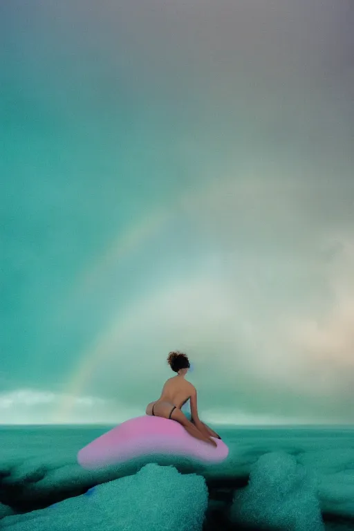 Image similar to high quality pastel coloured film close up wide angle photograph of a model wearing clothing swimming on cloud furniture in a icelandic black rock!! environment in a partially haze filled dreamstate world. three point light, rainbow. photographic production. art directed. pastel colours. volumetric clouds. pastel gradient overlay. waves glitch artefacts. extreme facial clarity. 8 k. filmic.