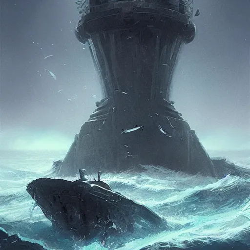 Image similar to of a lost empire in the deep sea, in the style of greg rutkowski