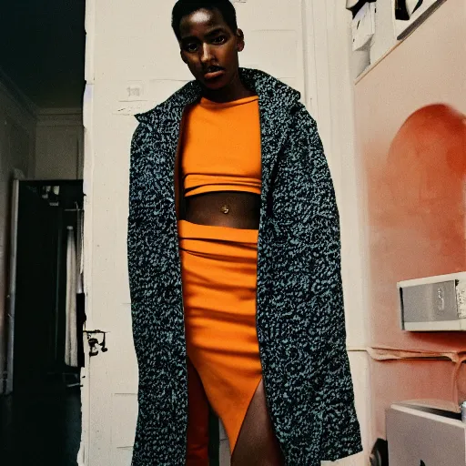 Image similar to realistic! photoshoot for a new maison margiela lookbook, color film photography, portrait of a beautiful woman, in style of tyler mitchell, 35mm