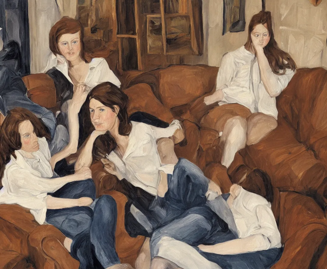 Image similar to two women, in an old english apartment on a brown leather sofa. one is wearing a dark blue sweather, the other a white shirt. brown hair, they are looking into the camera. wide shot. in the style of lucien freud. oil painting.