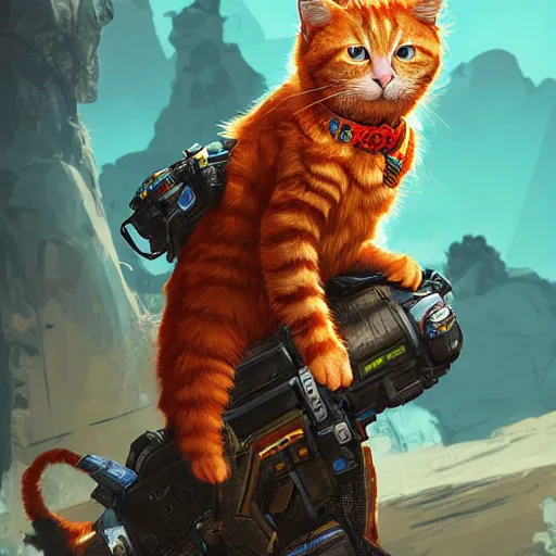 Prompt: ginger cat as apex legends character, digital illustration portrait design, by android jones and greg rutkowski, retrowave color scheme, detailed, cinematic lighting, wide angle action dynamic portrait