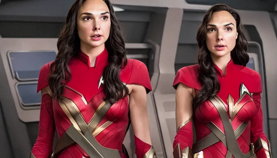 Prompt: Gal Gadot, wearing a red uniform, is the captain of the starship Enterprise in the new Star Trek movie