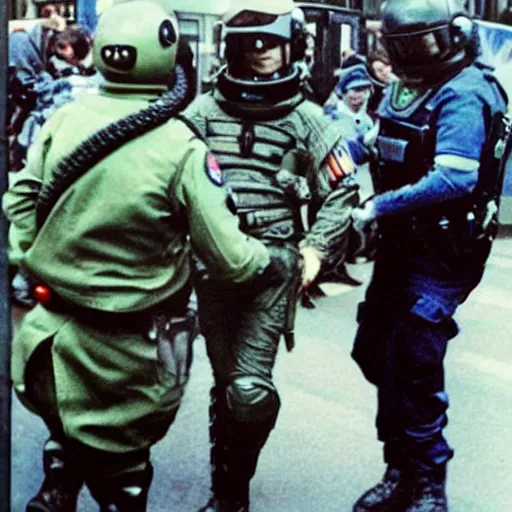 Image similar to a space alien, being arrested by spetsnaz