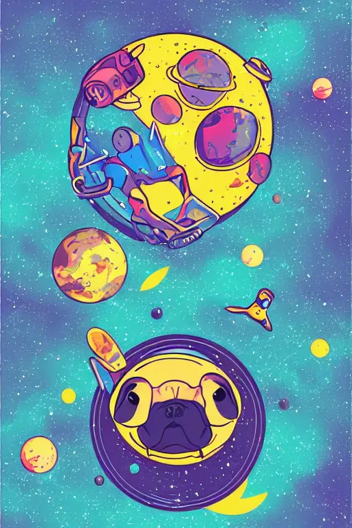 Image similar to planet pug floating in space, art by viktor miller gausa, sticker, colorful, illustration, highly detailed, simple, smooth and clean vector curves, no jagged lines, vector art, smooth