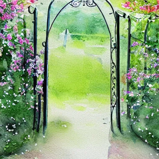 Image similar to out of focus, delicate, chairs, garden, paved, botanic watercolors, iridescent, 8 k, realistic shaded, fine details, artstation, italian, iron gate, tree, mediterranean