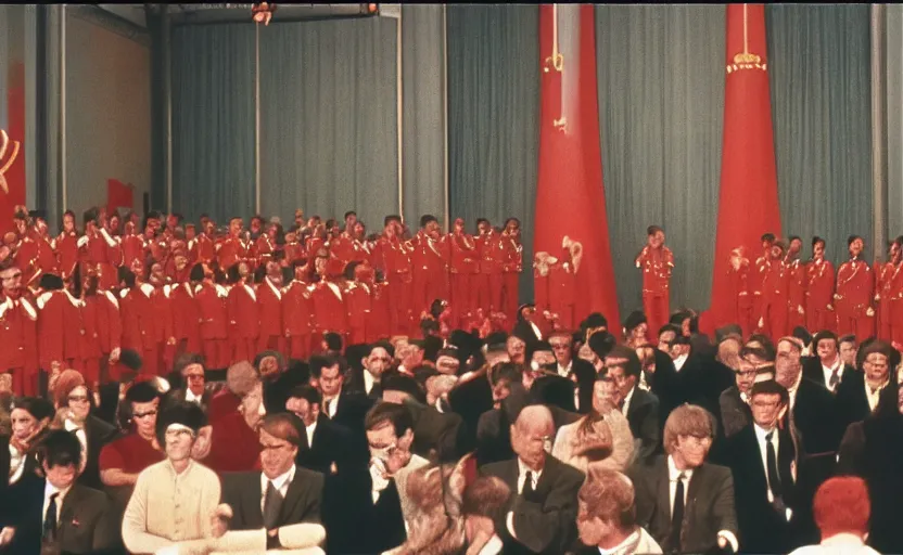 Image similar to 60s movie still of a CCCP ceremony in a stanilist style townhall, by Irving Penn , cinestill 800t 35mm eastmancolor, heavy grainy picture, very detailed, high quality, 4k, HD criterion, precise texture