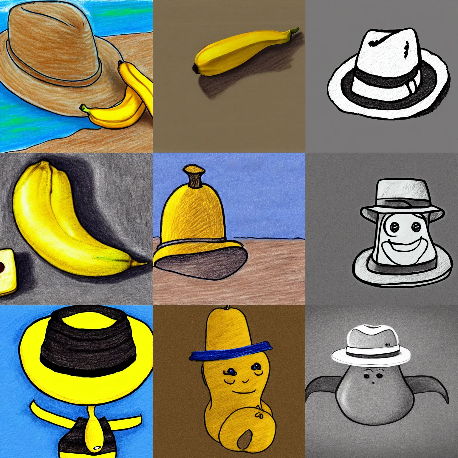 Prompt: a drawing of a banana with a fedora on the beach