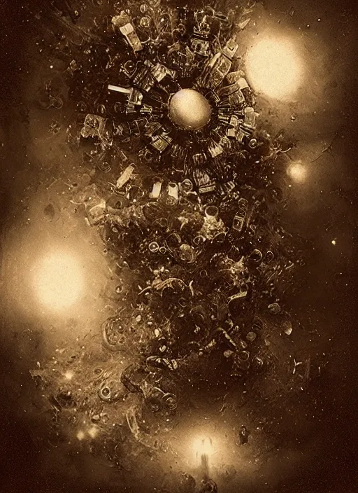 Image similar to old wetplate daguerreotype portrait of the imploding universe, explosion of data fragments, fractal, intricate, elegant, highly detailed, parallax, leica, medium format, subsurface scattering, by jheronimus bosch and greg rutkowski and louis jacques mande daguerre