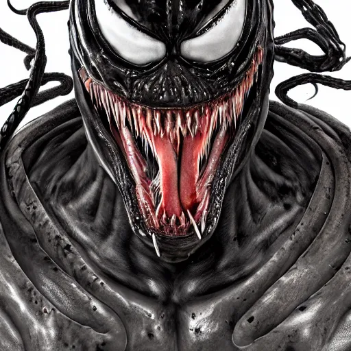 Prompt: venom king arthur version, ultra realistic, highly detailed, photorealism, scary, intricate detail, high res, textures, extremes, dark, twisted, black, wiry, superhero, antihero, powerful, teeth, licking tongue, armor, hair, knight trending on artstation