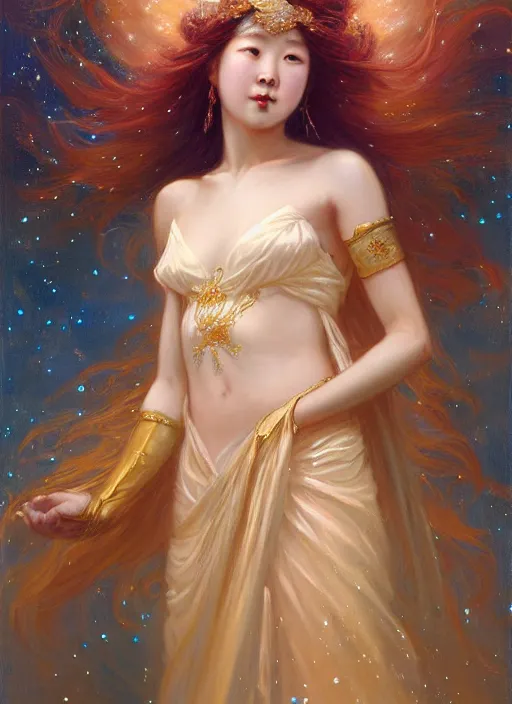 Image similar to young korean woman, goddess of starlight, long flowing hair, modest flowing gown, smug expression, highly detailed painting by gaston bussiere, craig mullins, j. c. leyendecker 8 k, sparkling nebula