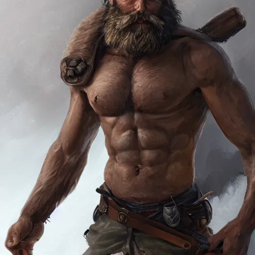 Image similar to portrait of a rugged ranger, muscular, upper body, hairy torso, detaileddetaileddetailed handshandshandshands, D&D, fantasy, barebarebarebare thighsthighsthighs intricate, elegant, highly detailed, digital painting, artstation, concept art, smooth, sharp focus, illustration, art by wlop