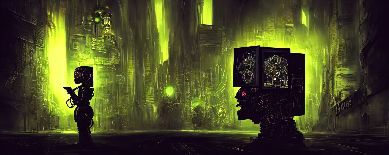 Prompt: dark scifi illustration 3 / 4 portrait of a robot reading necronomicon in apocalyptic city. cinematic lighting mad scientist style. golden ratio accidental renaissance. in the style of dave mckean and jean michel basquiat. graffiti art, scifi, fantasy, hyper detailed. octane render. concept art. trending on artstation