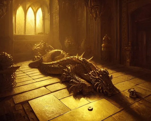 Prompt: dragon sleeping in a room filled with gold coin, gold, treasure. glistening, volumetric light, by greg rutkowski