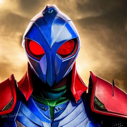 Image similar to High Fantasy Kamen Rider, blue armor with red secondary color, 4k, glowing eyes, daytime, rubber suit, dragon inspired armor, Guyver Dark Hero armor