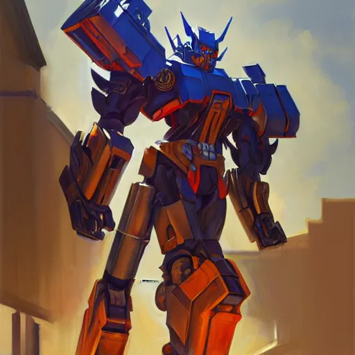 Image similar to greg manchess portrait painting of optimus prime as overwatch character, medium shot, asymmetrical, profile picture, organic painting, sunny day, matte painting, bold shapes, hard edges, street art, trending on artstation, by huang guangjian and gil elvgren and sachin teng