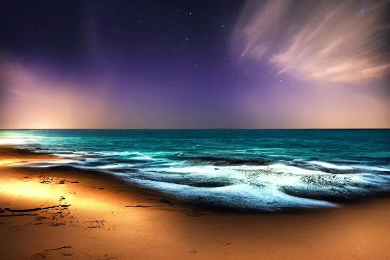 Image similar to bioluminescent waves, beach, night, landscape, relax atmosphere, magic atmosphere, photo realistic