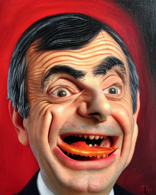 Prompt: portrait of mr bean smiling in a bowl full of baked beans, face covered in beans and tomato sauce, rowan atkinson, mr bean face, oil painting, highly detailed
