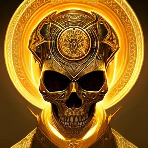 Image similar to symmetry!! portrait of golden! skull warrior, glowing eyes!! intricate, elegant, highly detailed, digital painting, artstation, concept art, smooth, sharp focus, illustration, art by artgerm and greg rutkowski and alphonse mucha