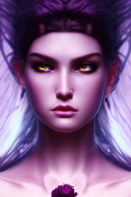 Image similar to ultra detailed, cinematic closeup photo of beautiful, female android deity, sharp focus, no blur, studio photo, model, floodlight. calm, angry, fantasy art, octane render, unreal engine. flowerpunk, noir. photorealistic concept art, triadic color scheme. art by artgerm and wlop and giger and greg rutkowski and alphonse mucha, 8 k