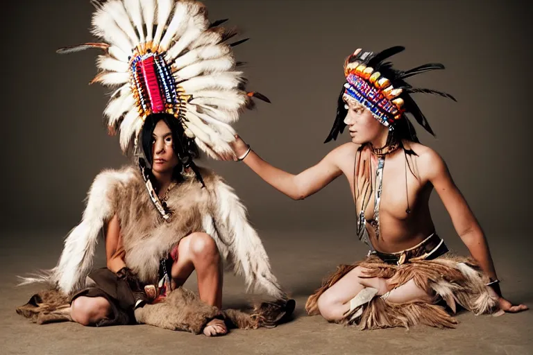 Image similar to a woman in a buffalo headdress sitting on the ground with one leg raised, cosplay, photoshoot, studio lighting, photograph by Bruce Weber