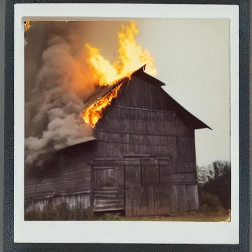 Prompt: a very beautiful old polaroid picture of barn on fire, award winning photography