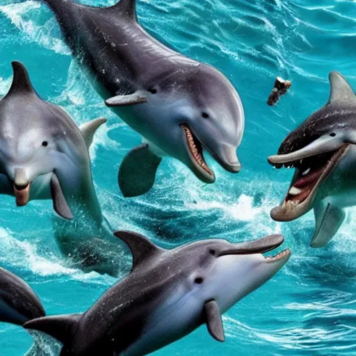 Image similar to lord of the rings where all characters are dolphins