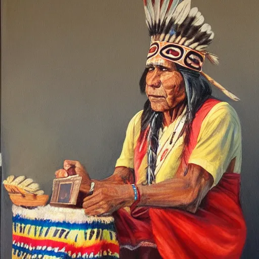 Image similar to a painting of a native american chief selling his bitcoin, in traditional dress, by atrgerm