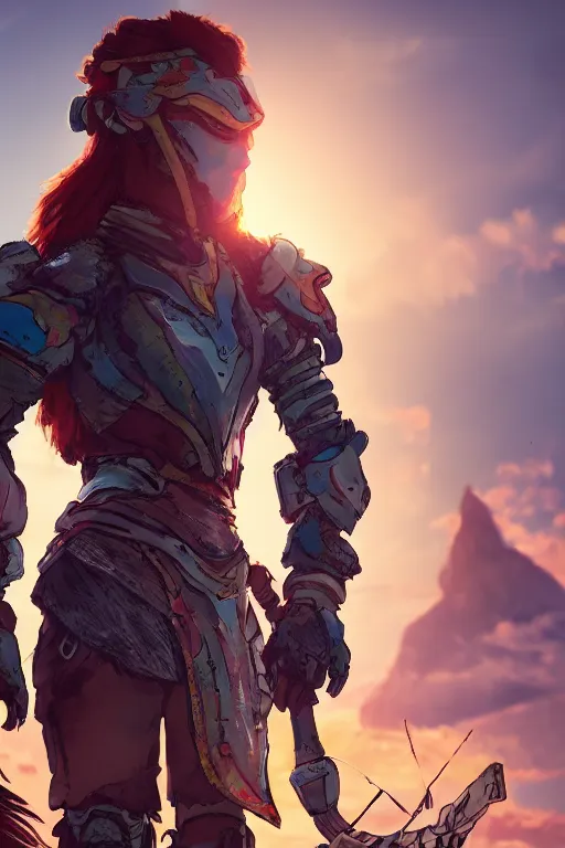 Image similar to combination suit armor aloy horizon forbidden west horizon zero dawn radiating a glowing aura global illumination ray tracing hdr fanart arstation by ian pesty and alena aenami artworks in 4 k tribal robot ninja mask helmet backpack