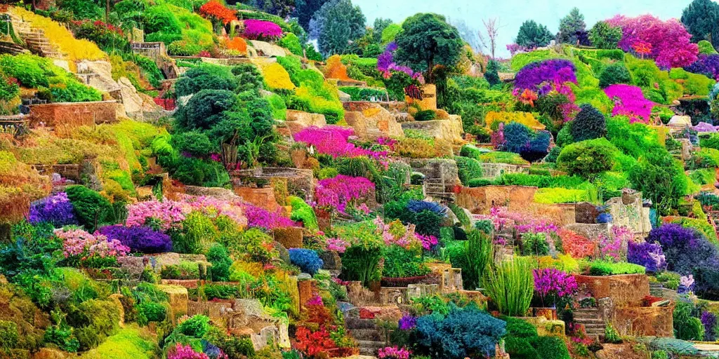 Prompt: painting of terraced gardens, beautiful, colorful, fantasy