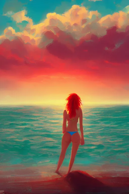 Image similar to red haired girl, bikini, crowded beach surreal photography, sunrise, dramatic light, impressionist painting, colorful clouds, digital painting, artstation, simon stalenhag