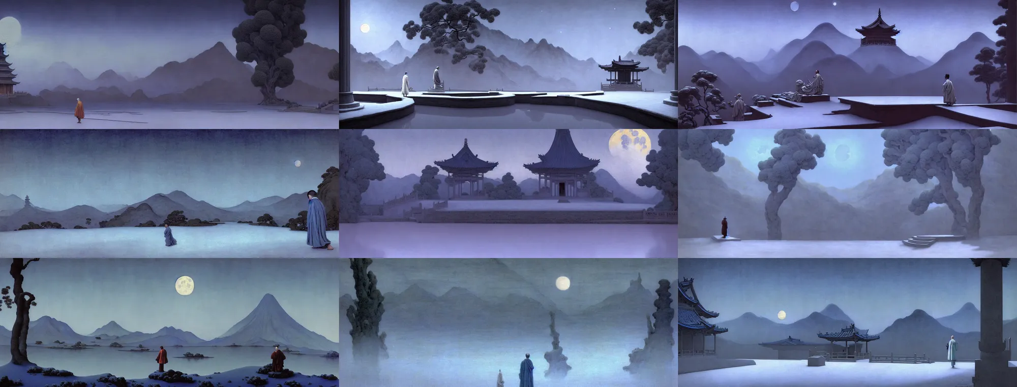 Image similar to a gorgeous landscape painting by barlowe wayne maxfield parrish and marco mazzoni. drak blue night sky. just one winter moon!! snow. chinese temple. just one lonely chinese monk in grey blue long gown walks on the winding steps. ultra clear detailed. 3 d, octane render. turbulent blood lake. fog