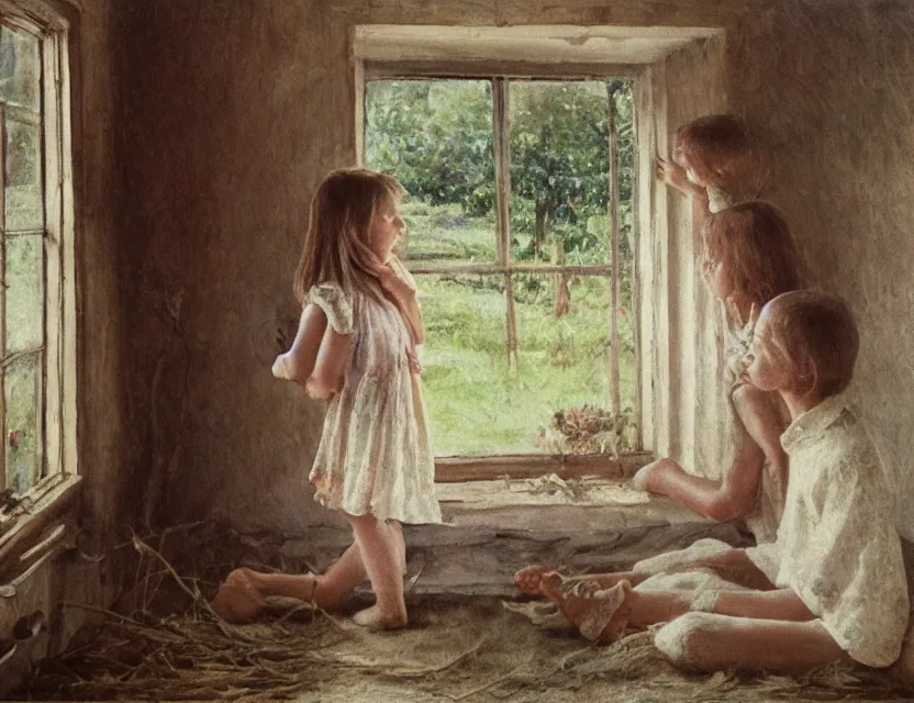 Prompt: peasant kids watching old tv in country house, back view, cottage core, cinematic focus, polaroid photo bleached vintage pastel colors high - key lighting, soft lights, foggy, by steve hanks, by lisa yuskavage, by serov valentin, by tarkovsky, 8 k render, detailed, oil on canvas