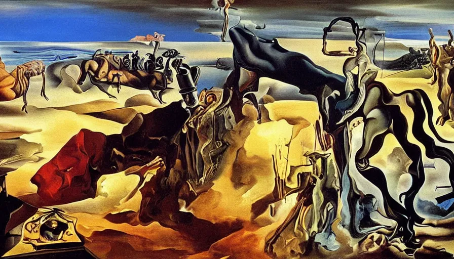 Prompt: gorgeous painting salvador dali premonition of civil war oil on canvas, 8 k 1 0 8 0 p