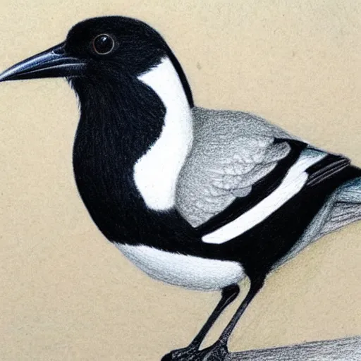 Prompt: detailed color pencil drawing of a magpie