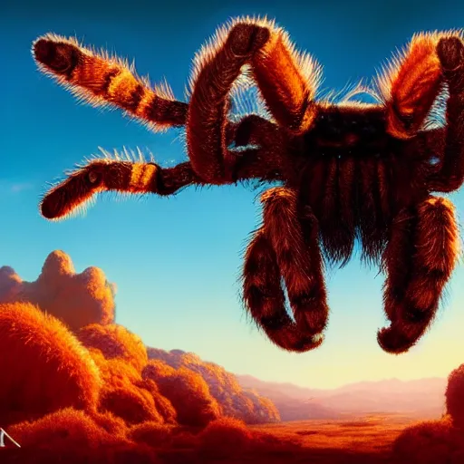 Image similar to colossal fluffy tarantula, golden hour, fantasy, vivid colors, sharp focus, digital art, hyper - realistic, 4 k, unreal engine, highly detailed, hd, dramatic lighting by brom, trending on artstation